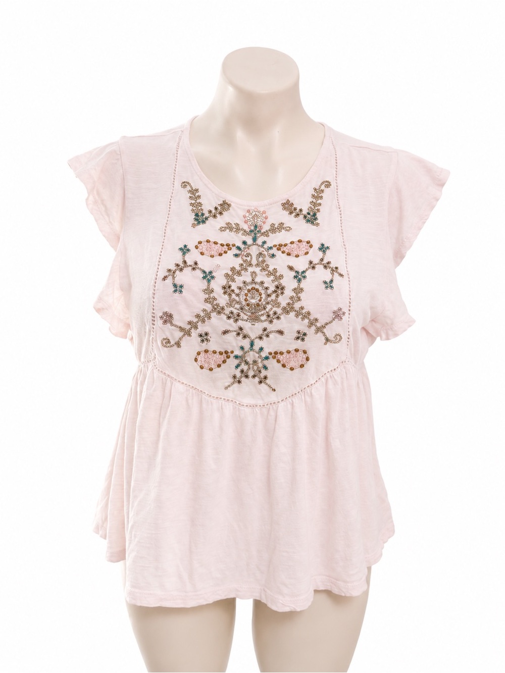 Lucky Brand Soft Pink Embroidered Flutter Sleeve Top